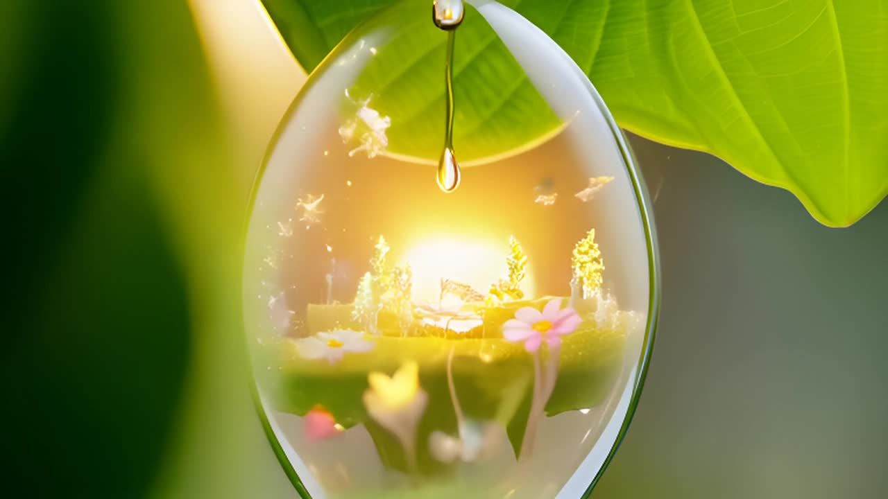 一颗晶莹的露珠悬挂在一片翠绿的叶子上，露珠内部呈现