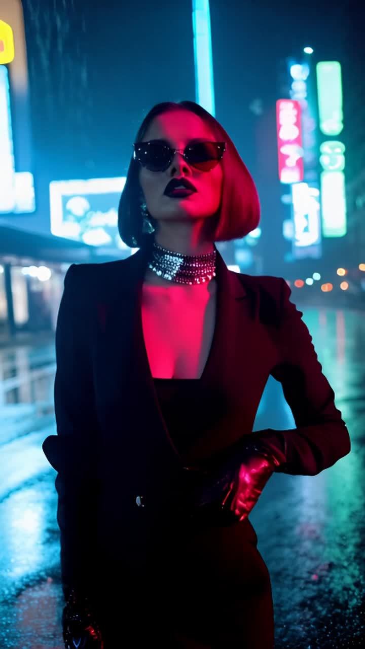 一名女子站在雨中城市的街道上，她戴着太阳镜，涂着深