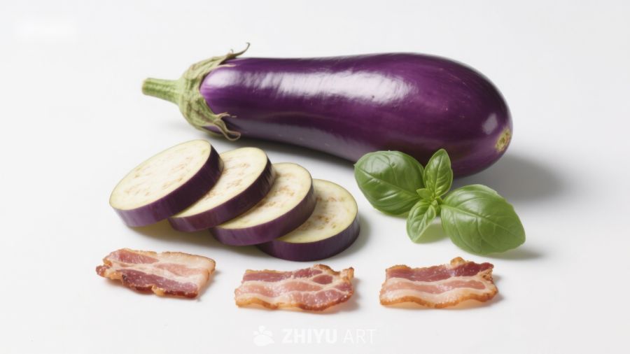 茄子、培根与罗勒的食材组合