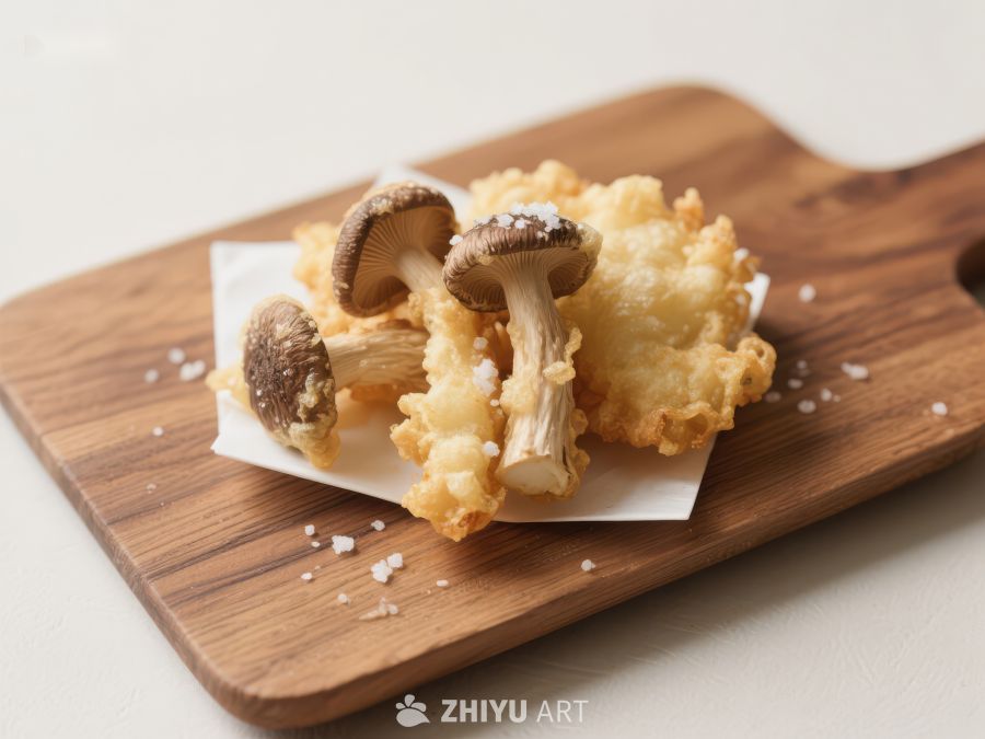 酥炸蘑菇摆放在木质砧板上 249