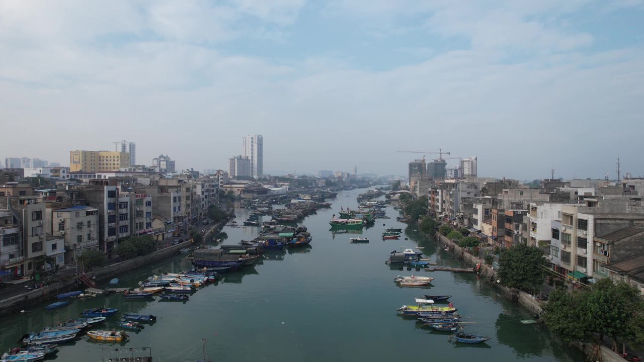 海边渔船广西北海海边风光航拍  