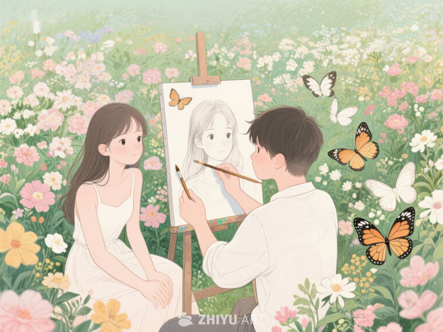 花丛中画家为女子画像 305