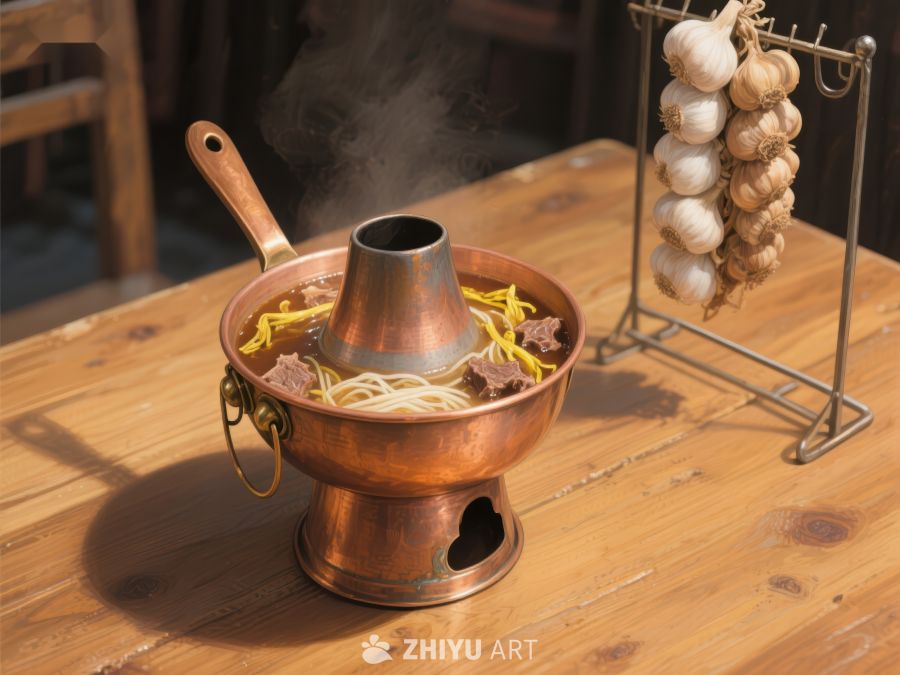 铜锅热汤面与大蒜装饰 730