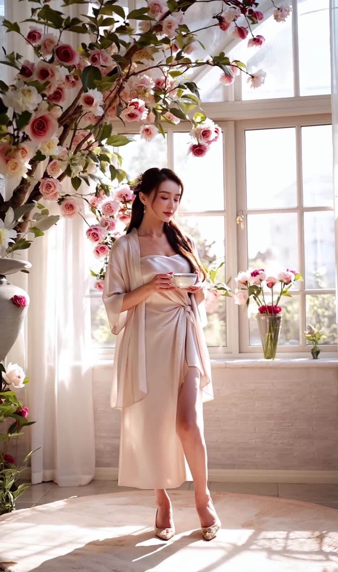 女子着丝质长袍于花簇明室品茶