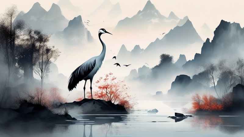 国风山水鹤插画背景 51