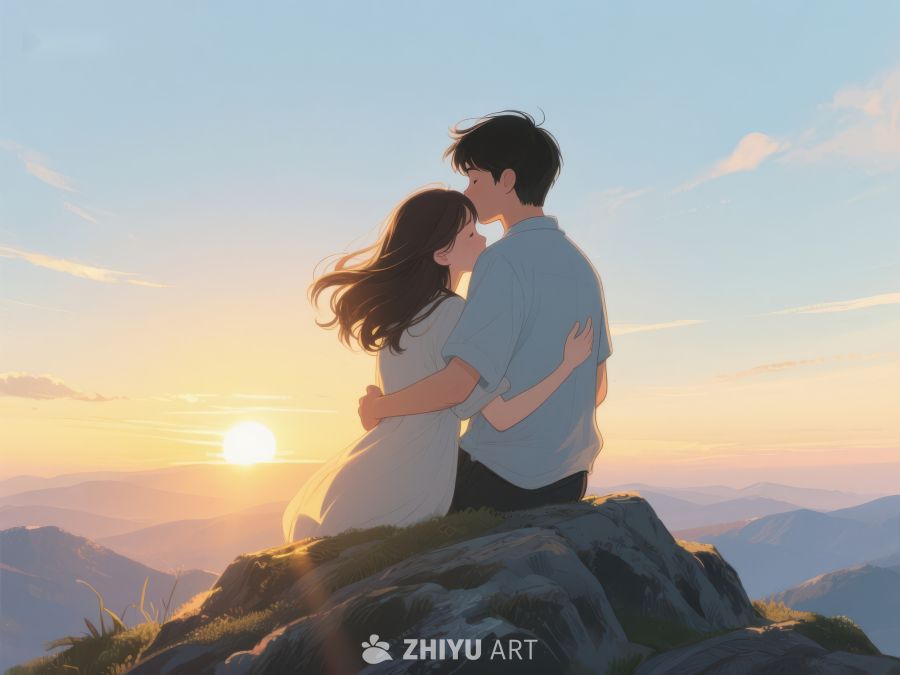 山顶情侣拥抱，夕阳美景相伴 647