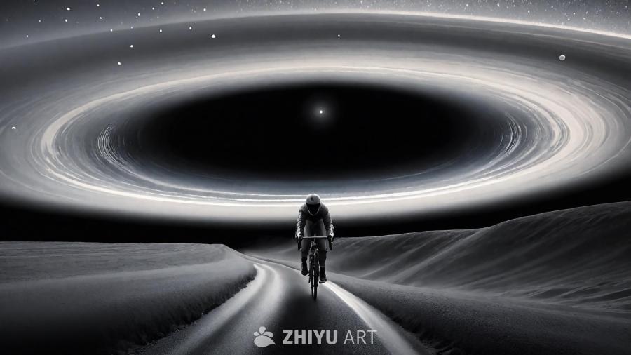宇宙星空中，一个身着骑行服的人物骑着单车在平坦的道