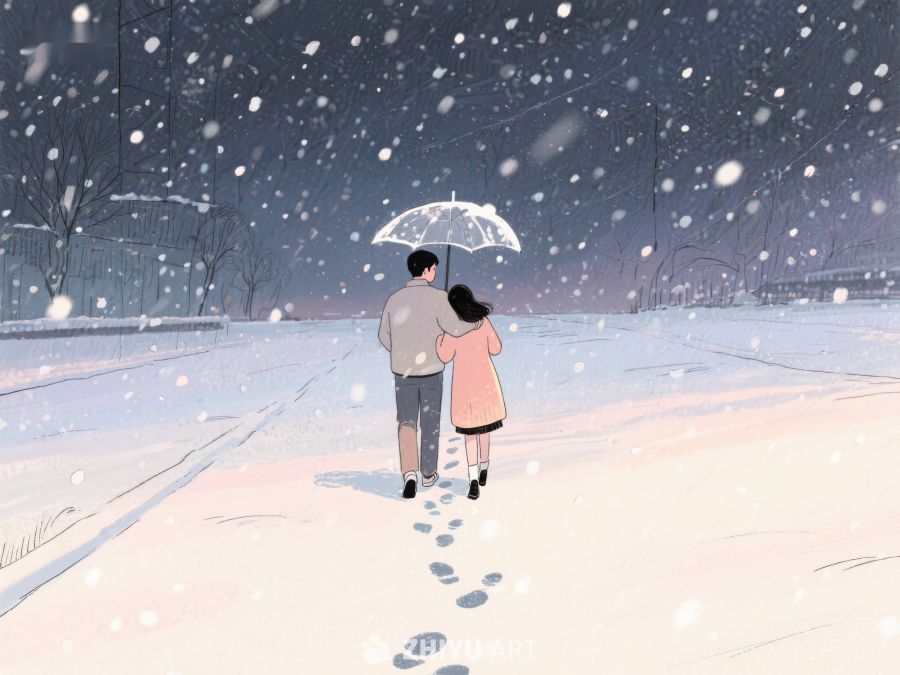 雪夜伞下漫步的情侣 898