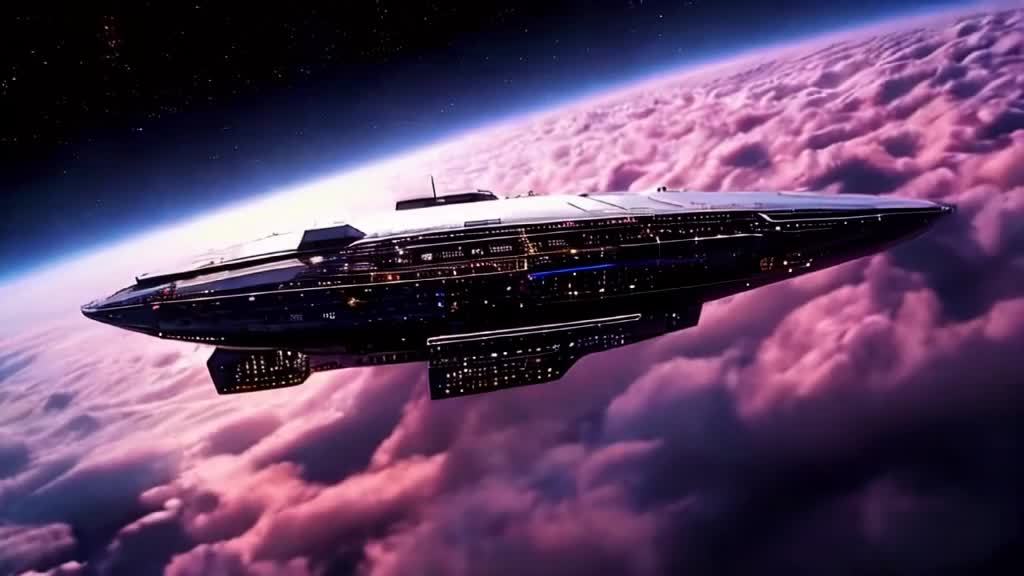 一艘未来主义的宇宙飞船漂浮在一层厚厚的紫色云雾之上
