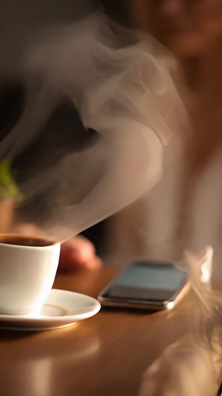 桌子上放着一个倒扣在碟子上的土耳其咖啡杯，杯子上冒
