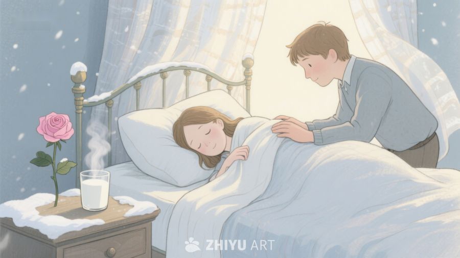 温馨床边，男子轻抚熟睡女子 393