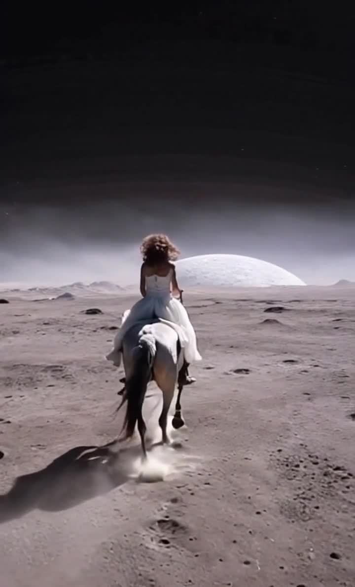 月球白裙女子骑马圆顶建筑远景