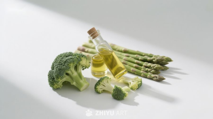 西兰花芦笋与橄榄油摆拍