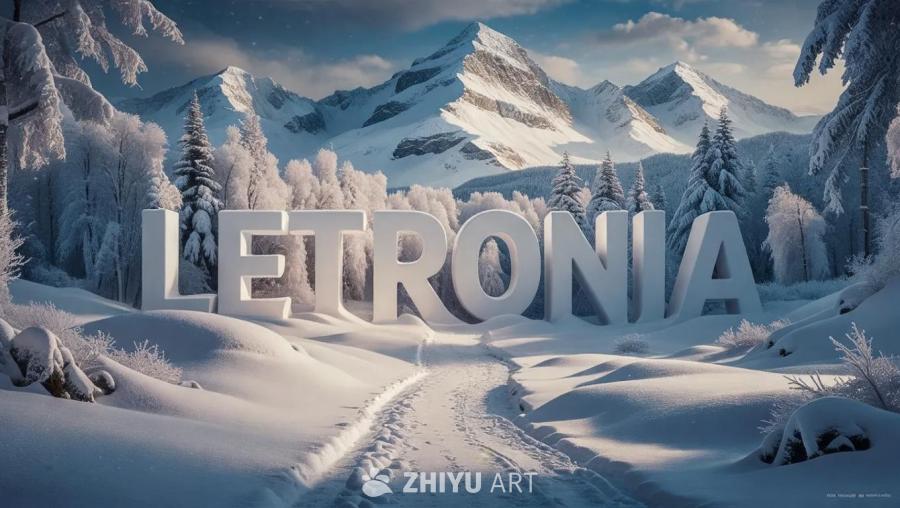 白雪皑皑的冬季背景，前方呈现白色的文本“LETRO