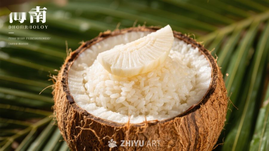 椰壳中的米饭与椰肉