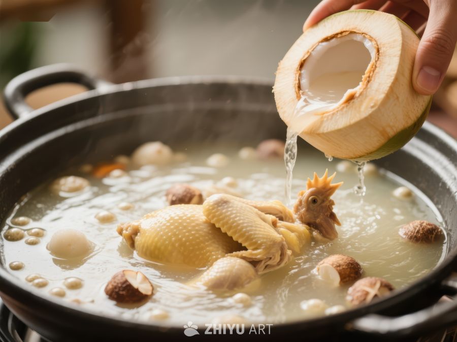 椰汁倒入鸡汤，热气腾腾 825