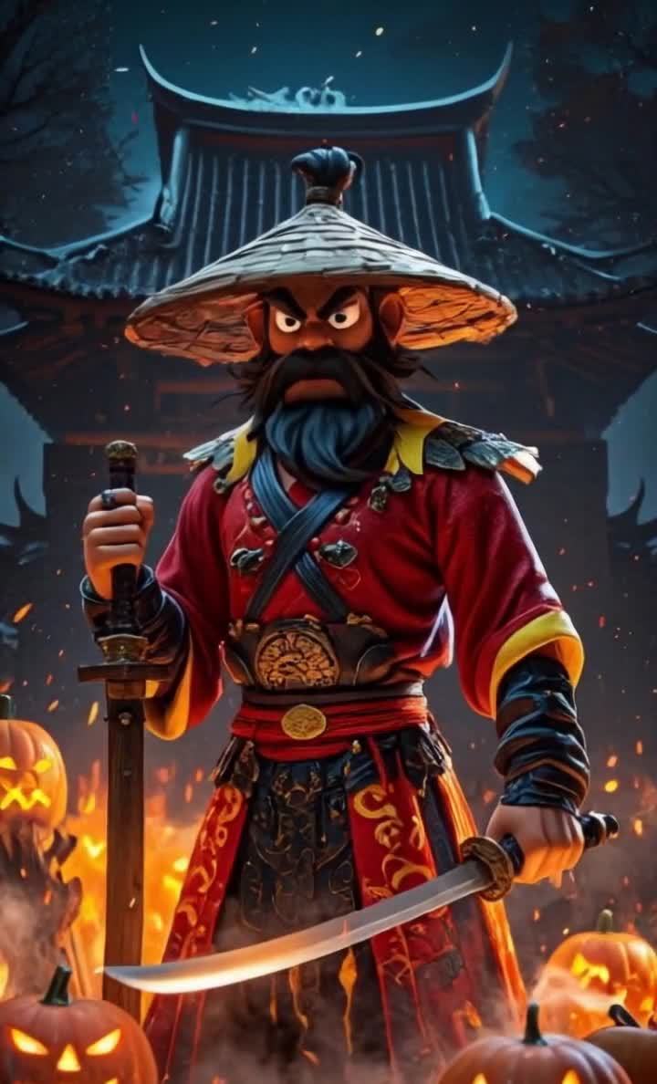 唐装胡须武士，手持刀剑，破庙与南瓜灯