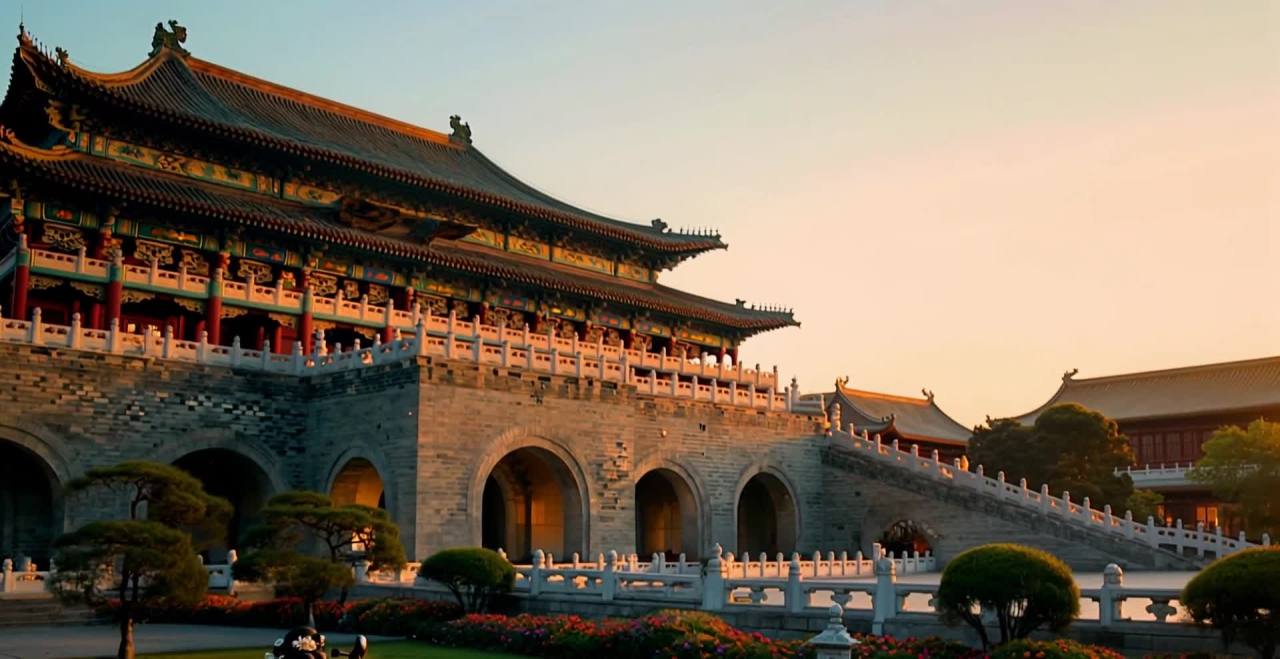 一座高大的中式建筑，可能是宫殿或府邸，在傍晚的光线