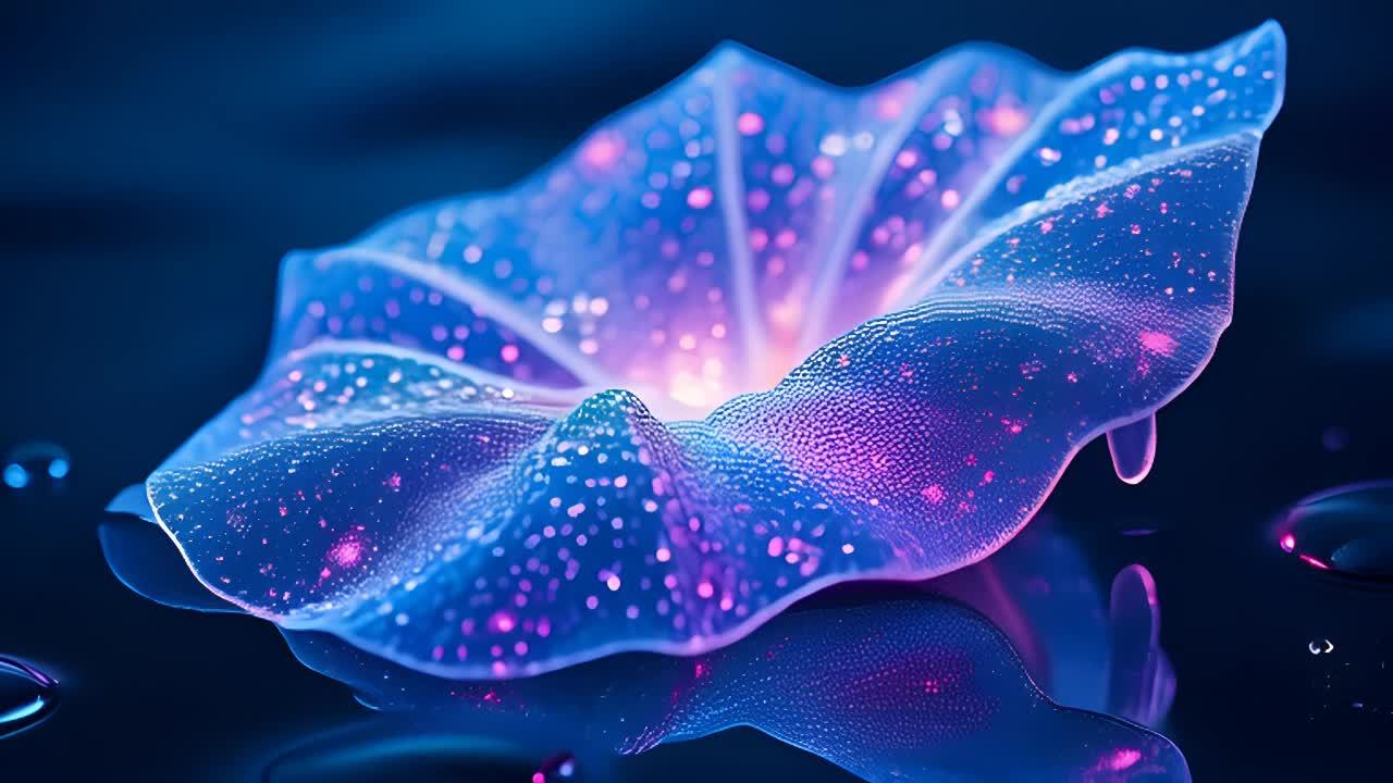 一个蓝色和紫色的花朵，上面有粉色的点，花朵表面有小