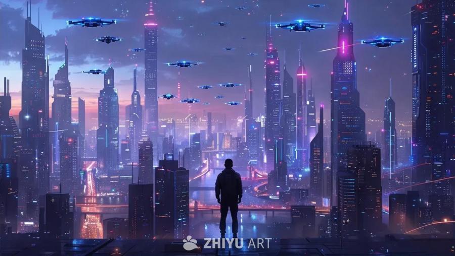 画面中，一个人站在高处俯瞰一个充满未来感的城市。城