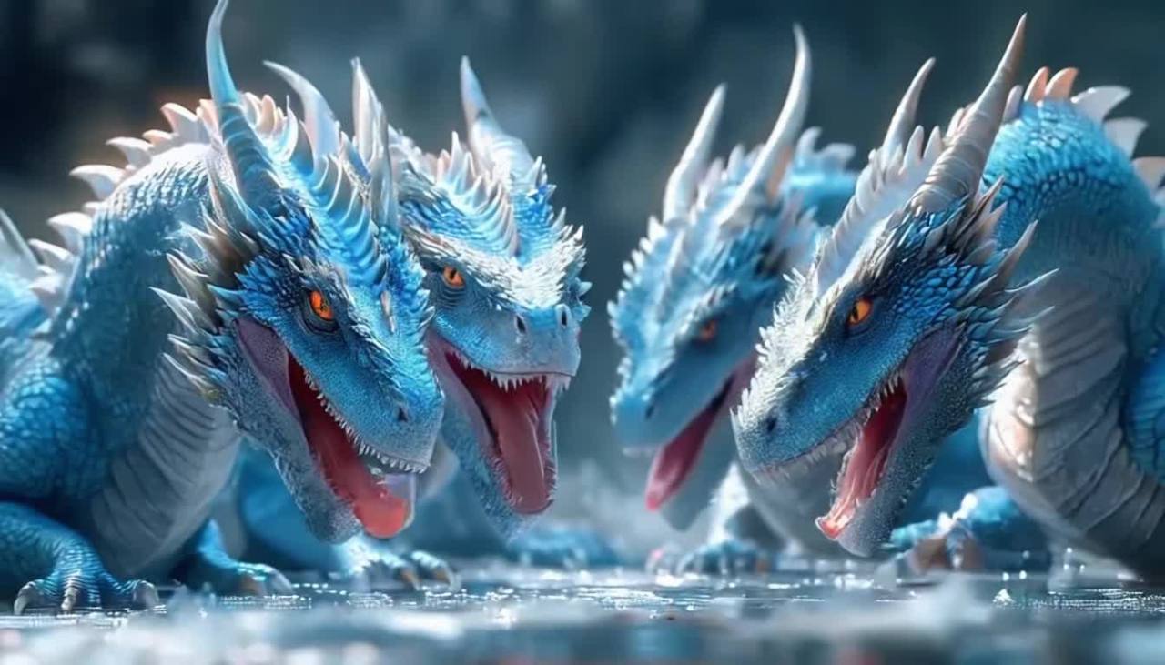 五只蓝色的冰雪龙聚集在一起。它们的身体呈现出冰蓝色