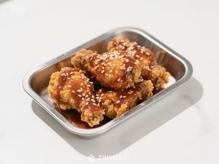 酱汁鸡翅配芝麻，摆放在金属盘中 225