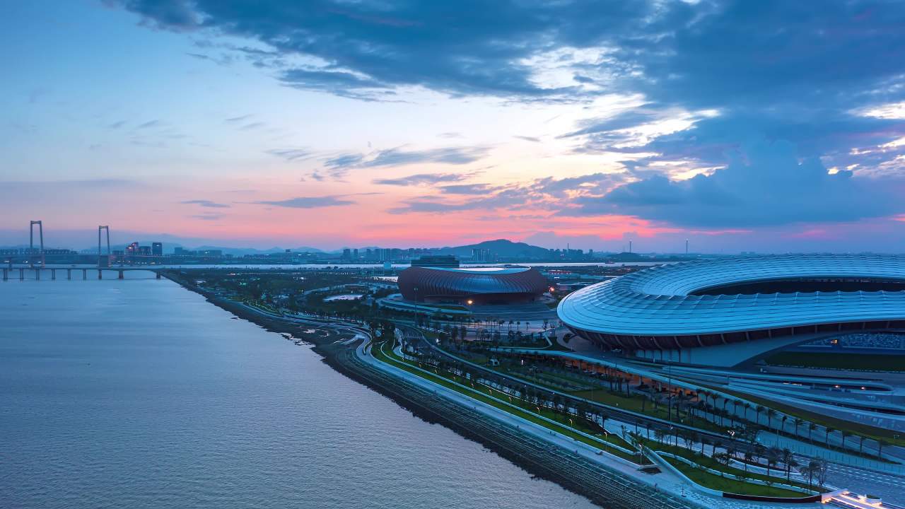 航拍广东大湾区南沙体育中心黄昏景