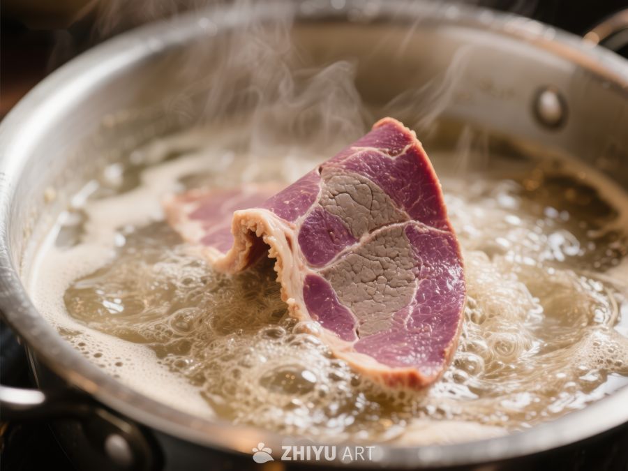 牛肉片在沸水中煮制 449