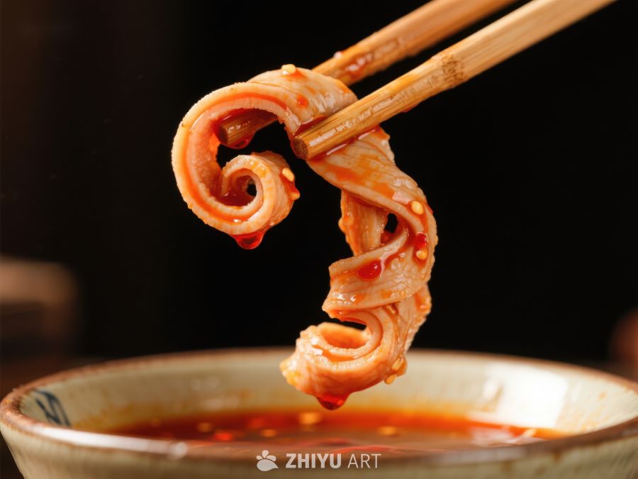 筷子夹起麻辣肚丝，诱人美食特写 694