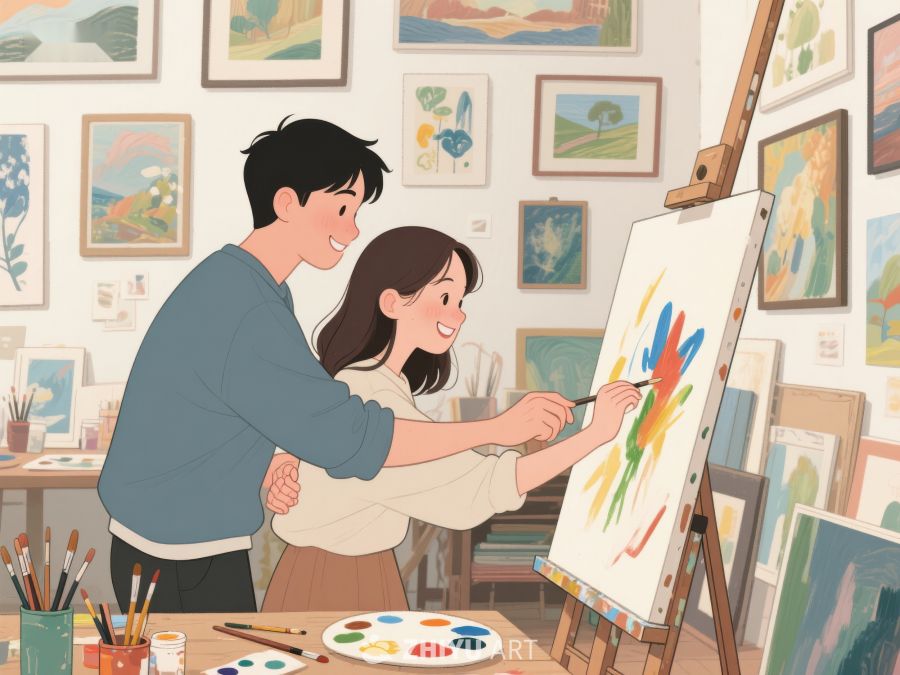 两人合作绘画，色彩斑斓的创作时光 463
