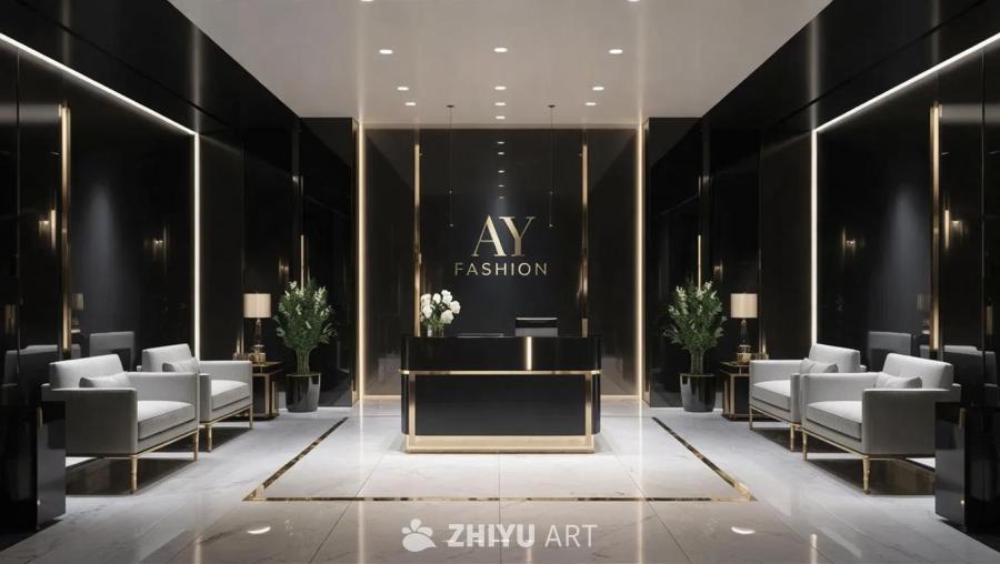 一间公司大厅，名为“AY Fashion”，风格奢