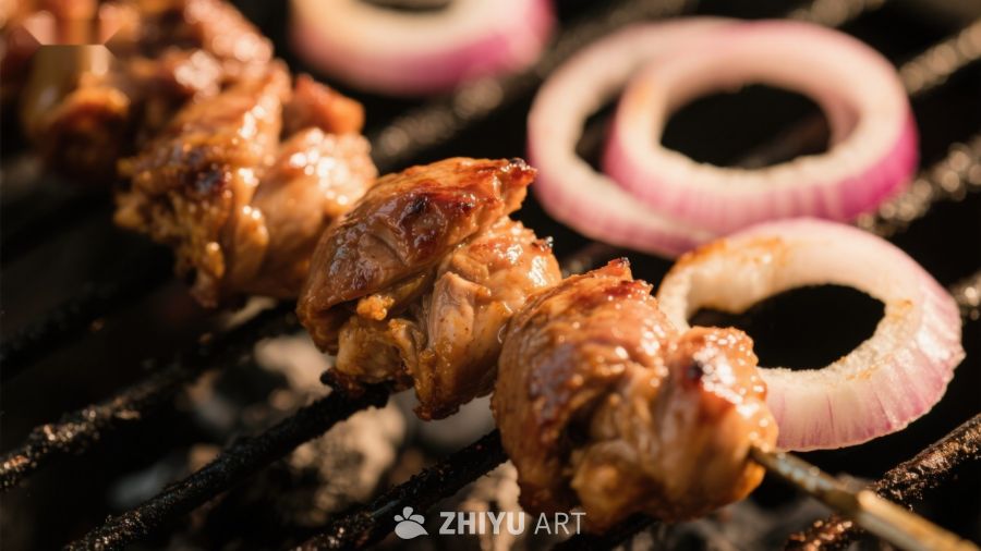 烤肉串与洋葱圈在烧烤架上
