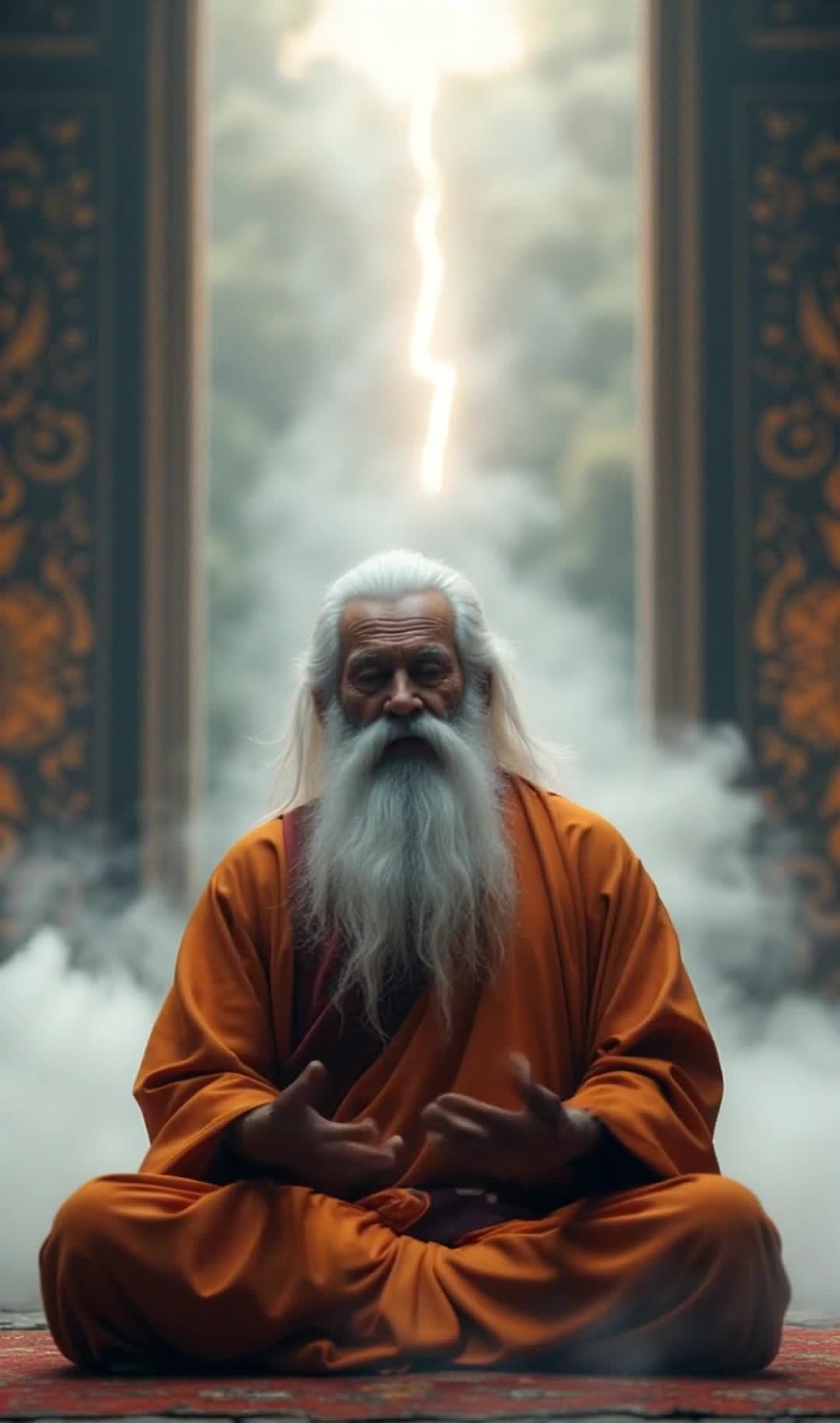 静坐的智者，祥云闪电中洞察天机。
