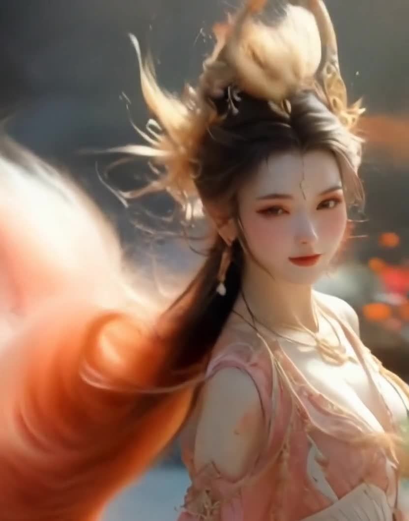 粉衣长发古装美人，身后羽翼，暖色调梦幻风格