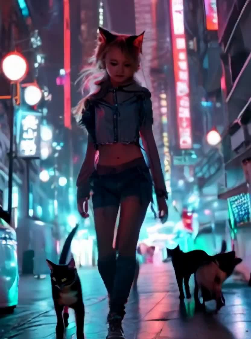未来都市猫耳女孩夜行，霓虹街道霓虹灯笼罩。