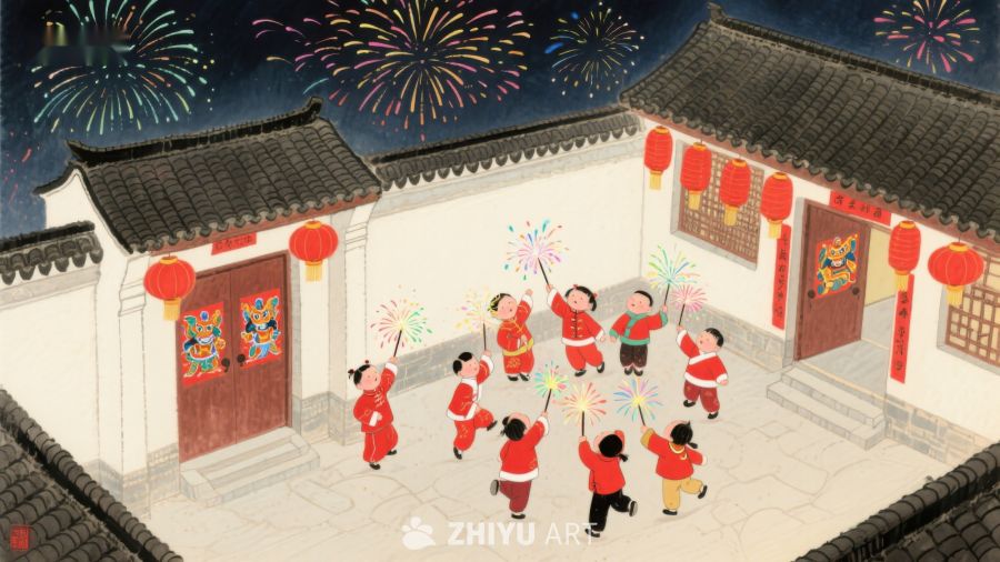 孩童院中欢庆，烟花绽放夜空 30