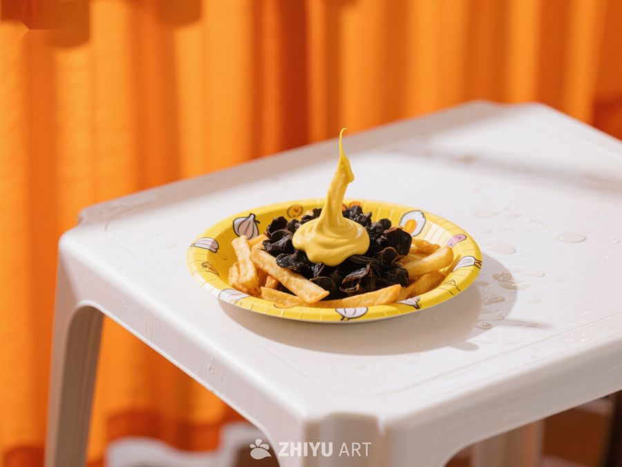 薯条配黑豆与芥末酱