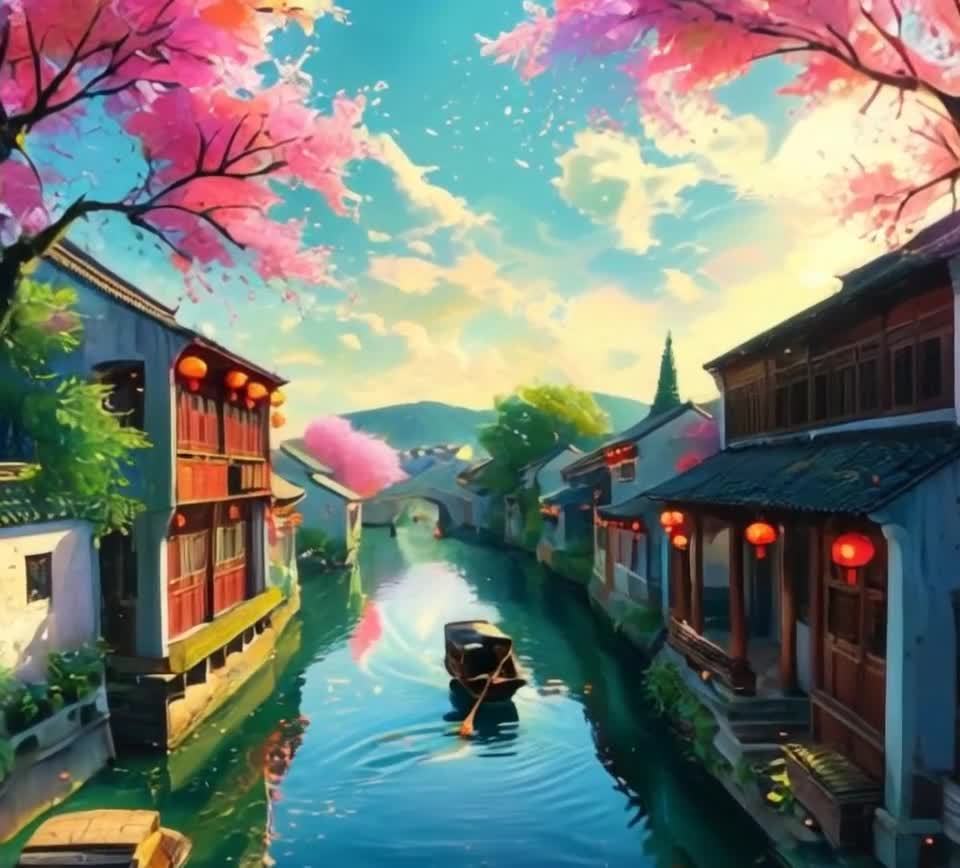 一条河流穿过房屋，河水呈现蓝色。房屋的两侧有树木，