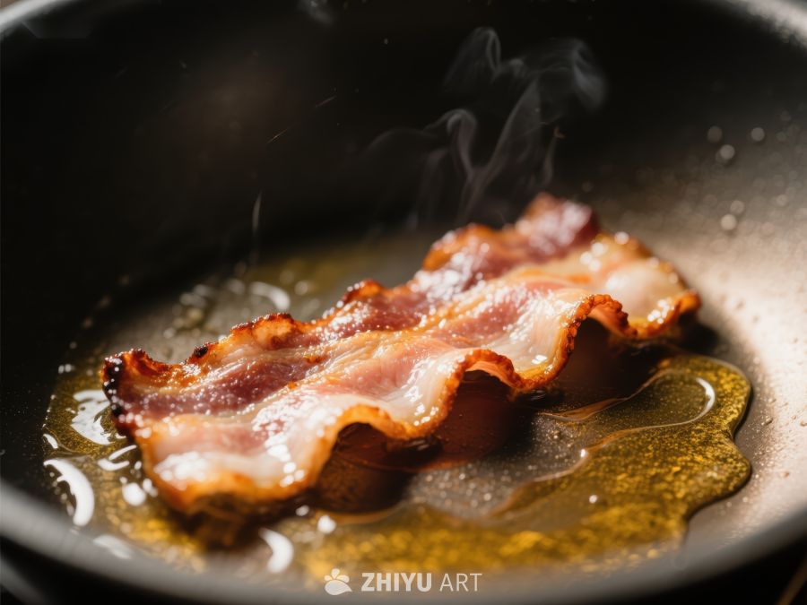 煎锅中的培根正在滋滋作响