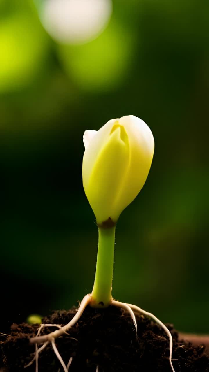 一株栀子花从地面上生长出来，起初很小，逐渐长成一朵