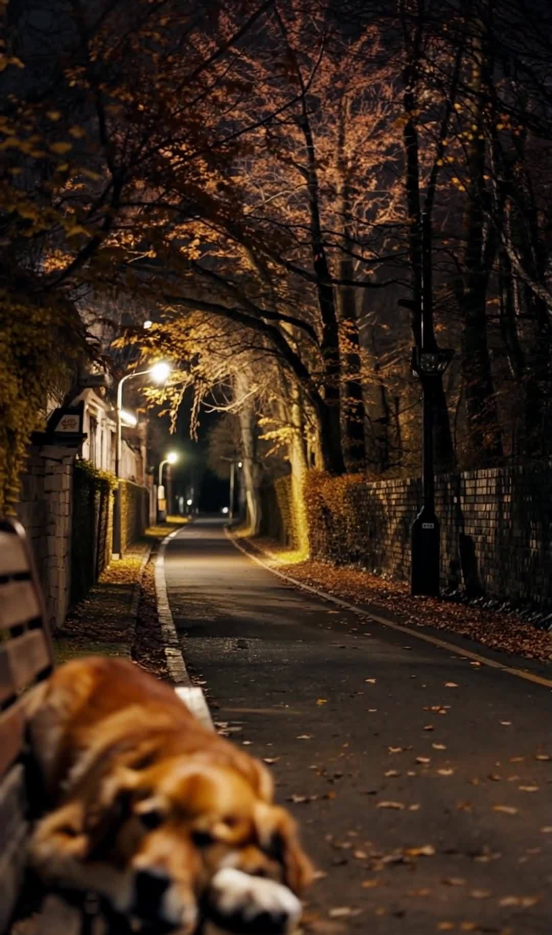 秋夜巷道金毛犬休憩长椅旁