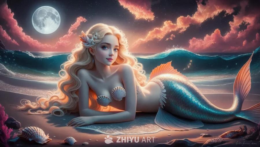 沙滩上躺着一个美人鱼，上半身是人类，长长的淡金色头