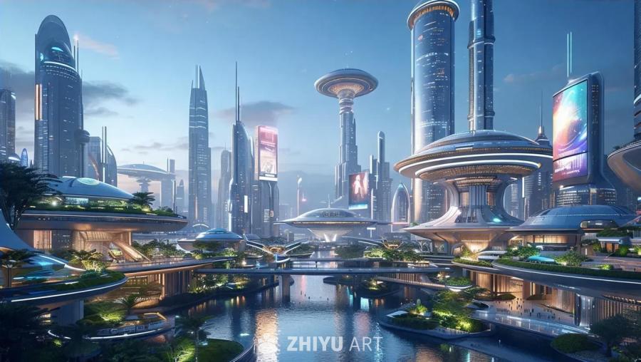 高耸的摩天大楼林立，构成未来主义的城市景观。建筑设