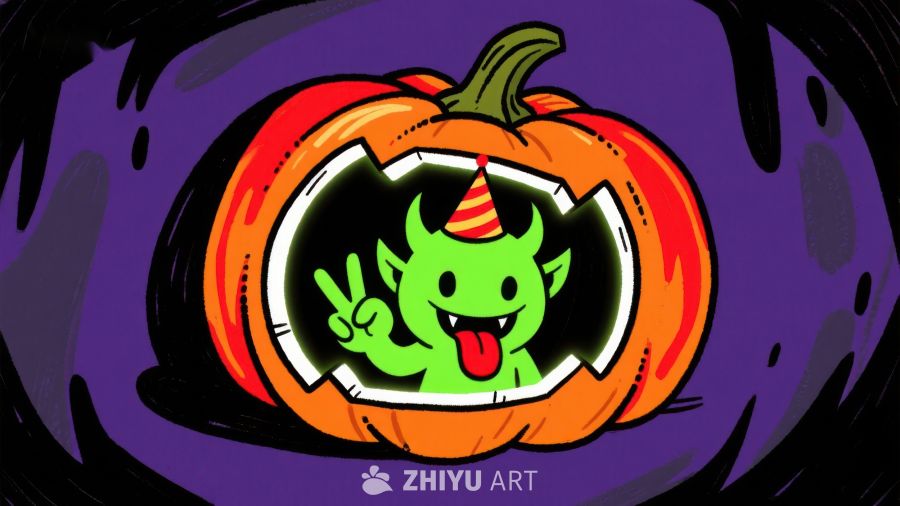 南瓜灯中的小恶魔插画