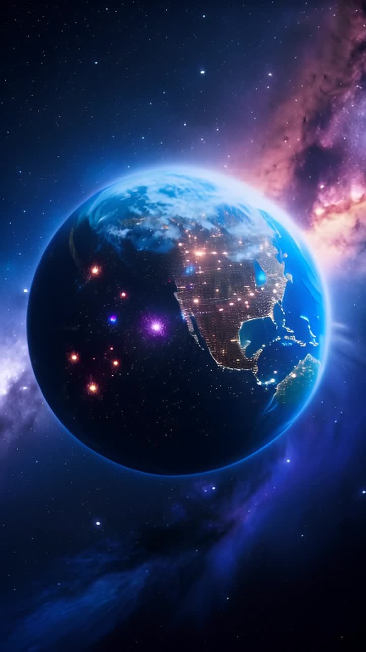 一个色彩鲜艳、未来感十足的地球悬浮在星系中。地球表