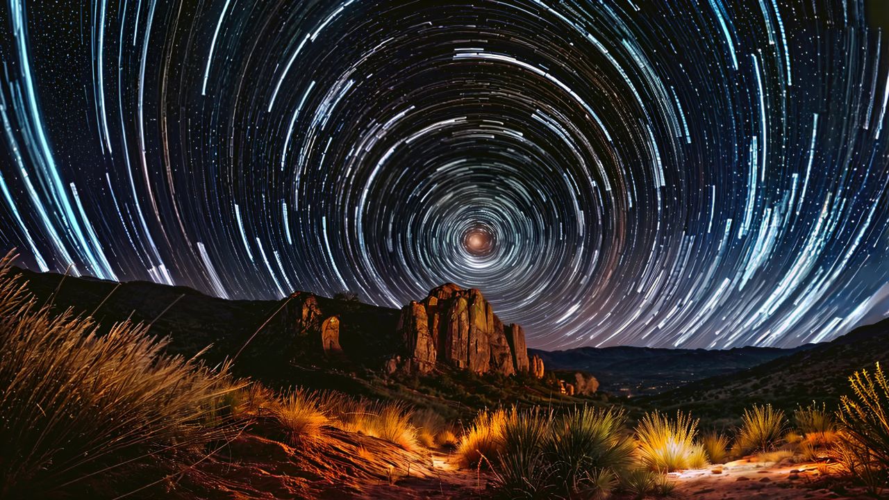夜空中，无数星星呈现圆形轨迹，汇聚于中心点，宛如星