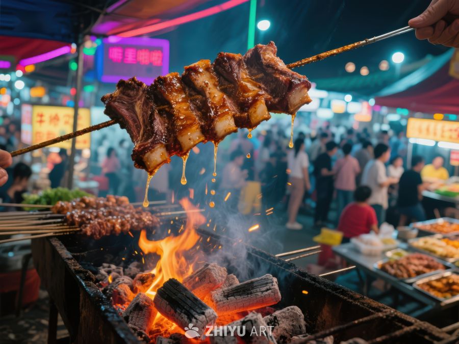 夜市烧烤：美味排骨在火焰上翻滚