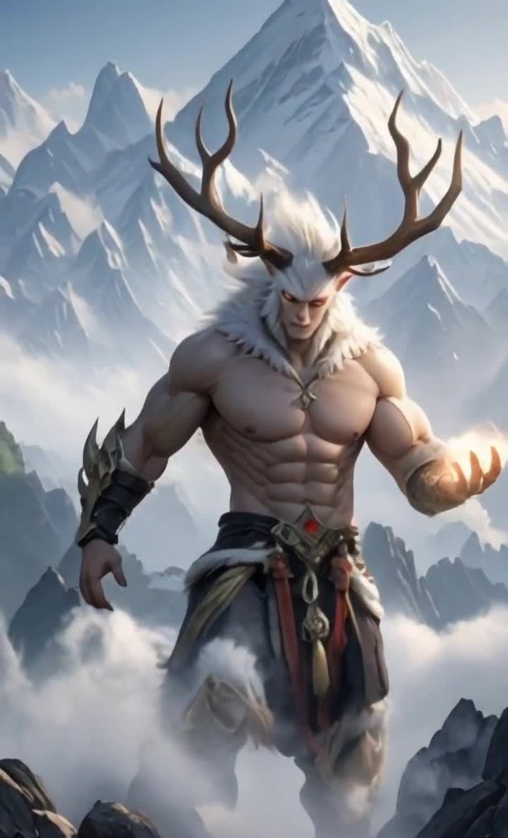 雪山之巅，鹿角白肤人形生物掌控光球