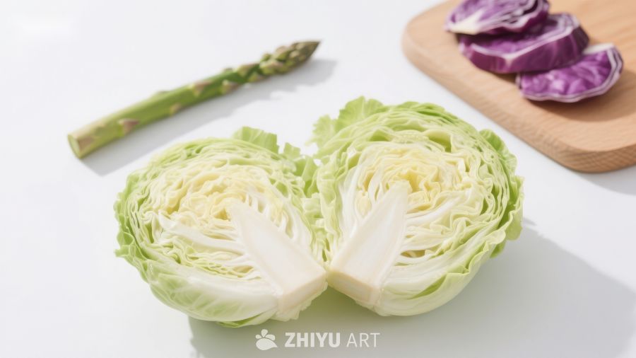 新鲜蔬菜：卷心菜、芦笋与紫甘蓝