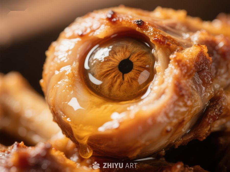 烤肉中的奇异眼睛特写